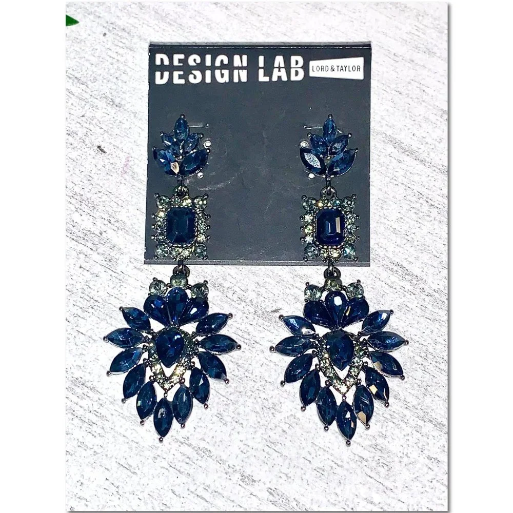 Design Lab Lord & Taylor Midnight Blue Crystal Cluster Dangle Earrings NWT